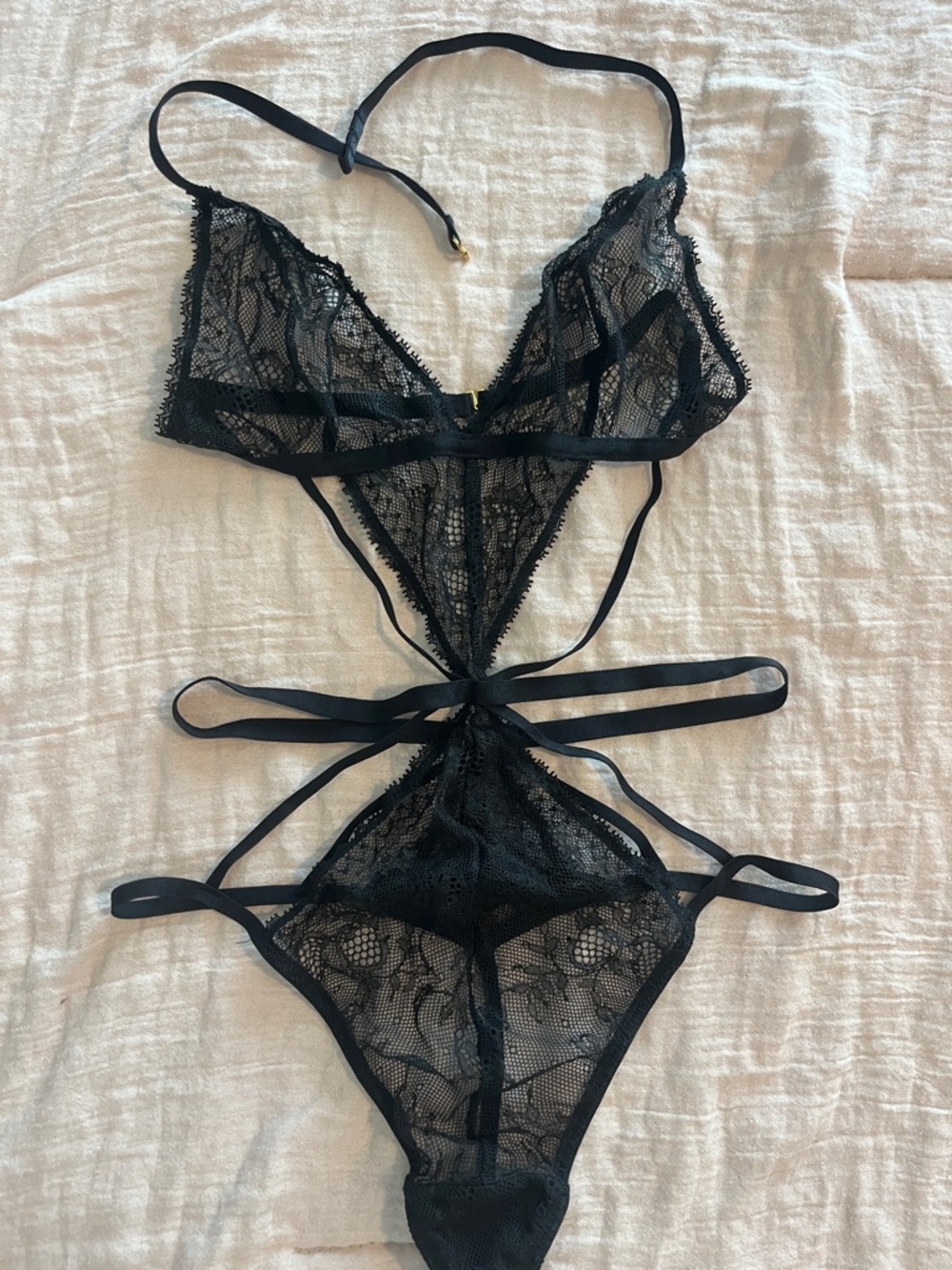 Victoria's Secret Black Lace Strappy Bandeau Teddy